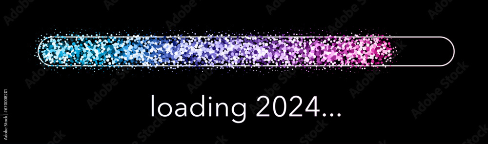 Loading bar 2024 New Year made of colorful gradient sand or glittering particles on black. - obrazy, fototapety, plakaty 