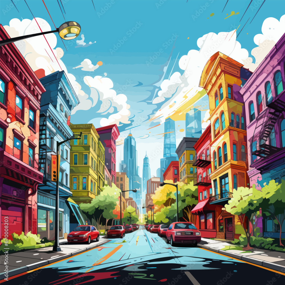Naklejka premium Vibrant city streets. Cartoon vector illustration