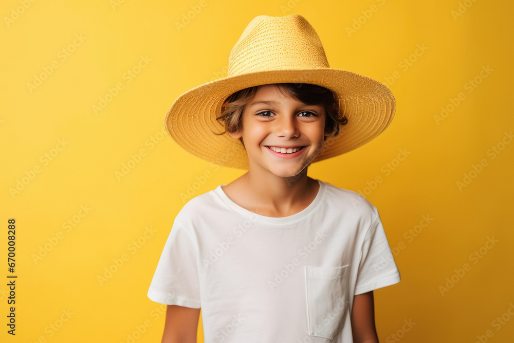 cute boy wearing a hat on yellow background cute boy wearing a hat on yellow background