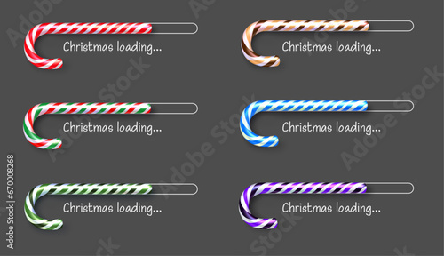 Set of colorful shiny Christmas loading bars made of sweet realistic candies on grey background.