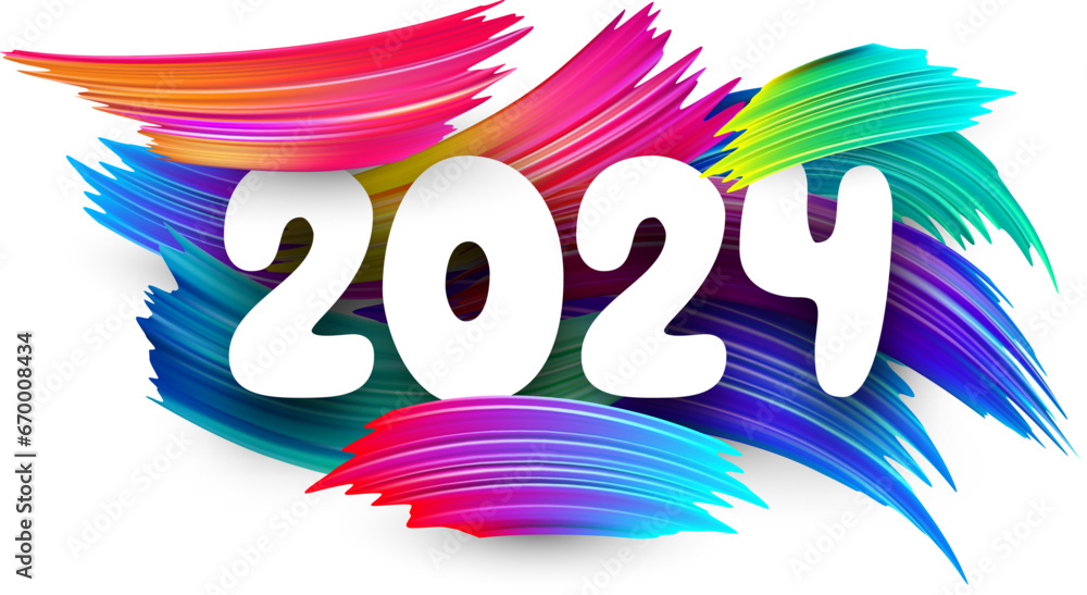 New Year 2024 paper numbers for calendar header on colorful background made of different color brush strokes.