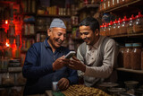 Moroccan grocer with costumer at shop