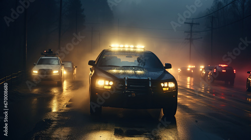 police car at night Police car chasing car at night with fog background
