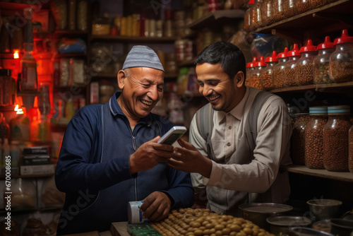 Moroccan grocer with costumer at shop photo