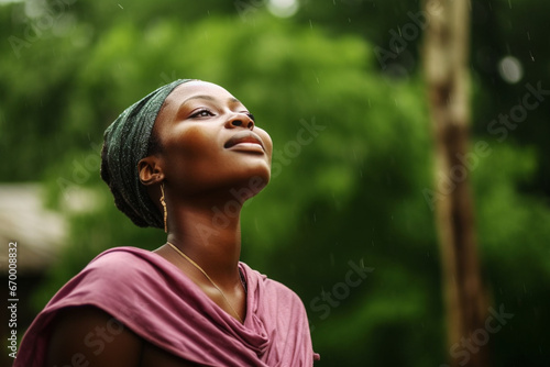 Portrait of Authentic African Woman Enjoying the Blessing of Falling Rain, Female From a Rural Village Standing Under the Rain with a Blurry Greenery Background and Feeling Refreshed by Water