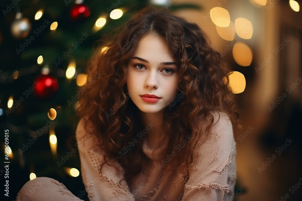 Portrait of Beautiful girl sitting in a cozy atmosphere near the Christmas tree