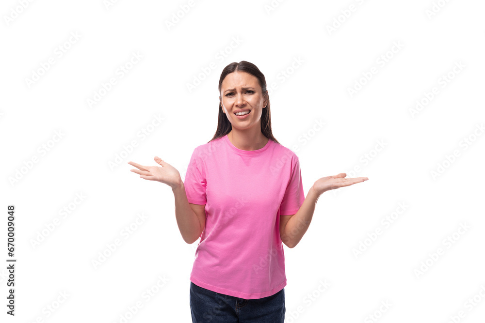 young brunette woman dressed in a pink t-shirt with print mockup young brunette woman dressed in a pink t-shirt with print mockup