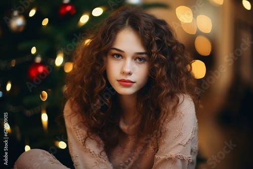 Portrait of Beautiful girl sitting in a cozy atmosphere near the Christmas tree