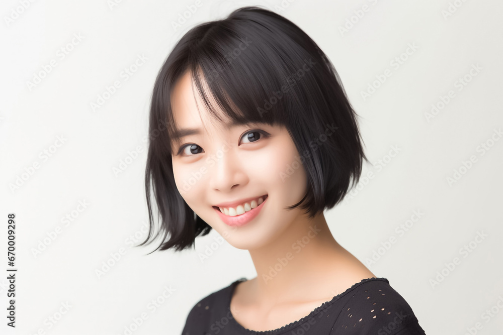 An Asian girl with captivating big eyes, a short bobtail hairstyle, and a subtle smile exudes cuteness and innocence against a semi desaturated gray backdrop. Generative AI. An Asian girl with captivating big eyes, a short bobtail hairstyle, and a subtle smile exudes cuteness and innocence against a semi desaturated gray backdrop. Generative AI.