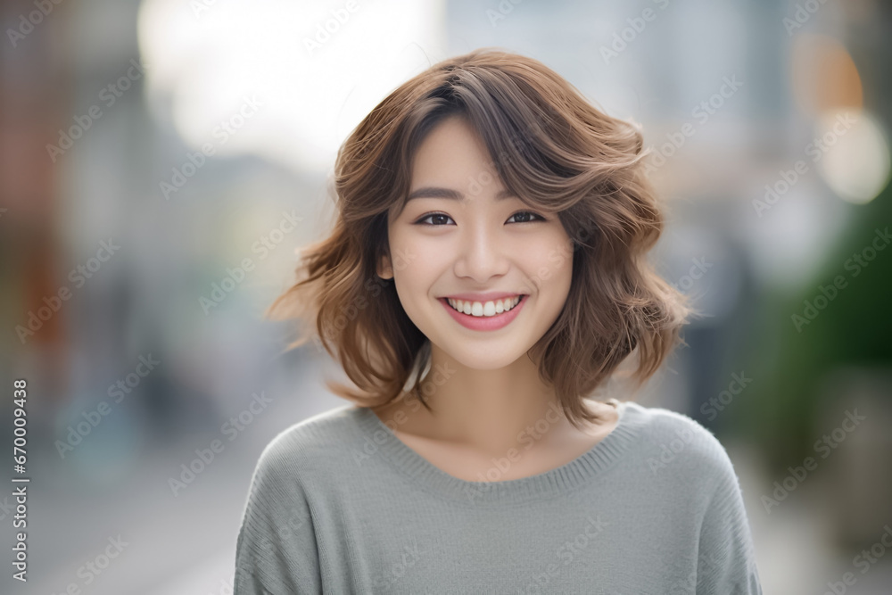 An Asian girl with captivating big eyes, a short bobtail hairstyle, and a subtle smile exudes cuteness and innocence against a semi desaturated gray backdrop. Generative AI.