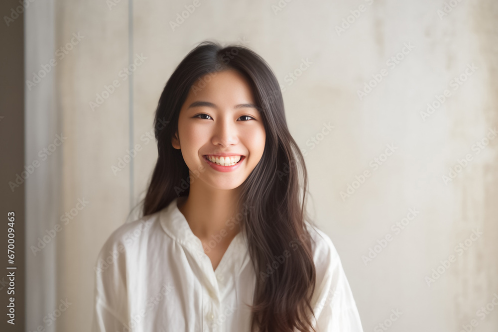 An Asian girl with captivating big eyes, a short bobtail hairstyle, and a subtle smile exudes cuteness and innocence against a semi desaturated gray backdrop. Generative AI. An Asian girl with captivating big eyes, a short bobtail hairstyle, and a subtle smile exudes cuteness and innocence against a semi desaturated gray backdrop. Generative AI.