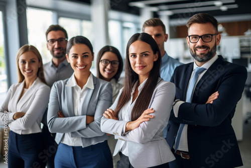 Portrait of businesspeople standing with arms crossed in office, Group of business freelancers colleagues smiling with confident facial expression in the office building