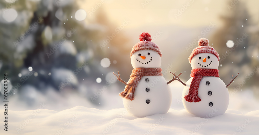 Generative AI. Two snowmen in warm hats and scarves on the street. Banner. Copy space Generative AI. Two snowmen in warm hats and scarves on the street. Banner. Copy space