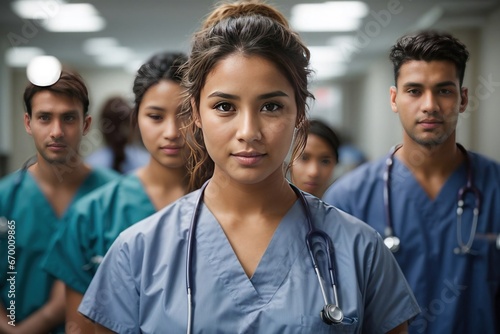 Nursing team in hospital, portrait of a group of nurses looking and smiling in camera. Health and wellness doctors. Confident nursing student with her team in the background, Portrait of women doctors