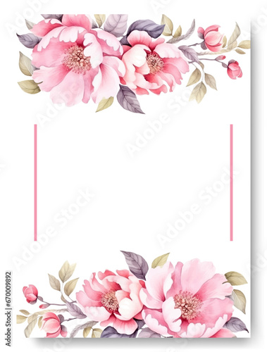 Arrangement of pink peony flowers and leaves at corner frame hand painting on wedding invitation card. Rustic wedding card.