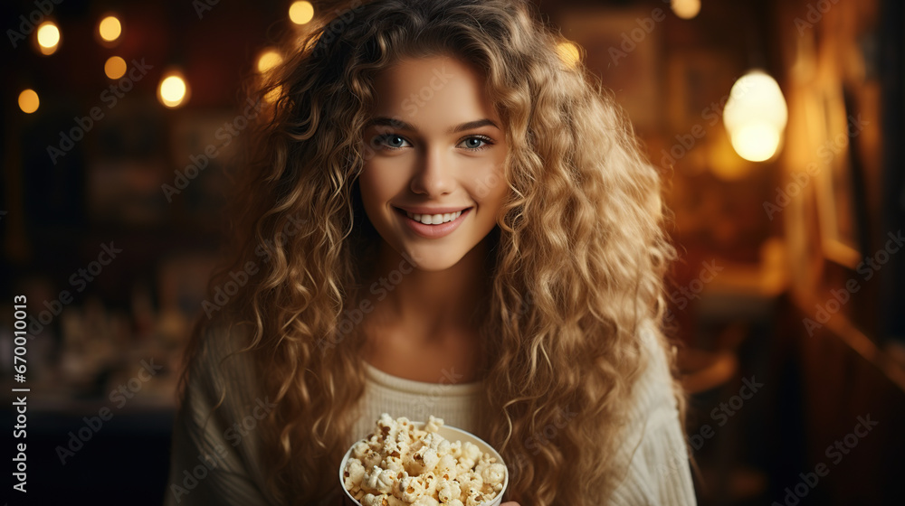 popcorn forever Close-up cropped image of happily smiling woman taking popcorn from friend. popcorn forever Close-up cropped image of happily smiling woman taking popcorn from friend.