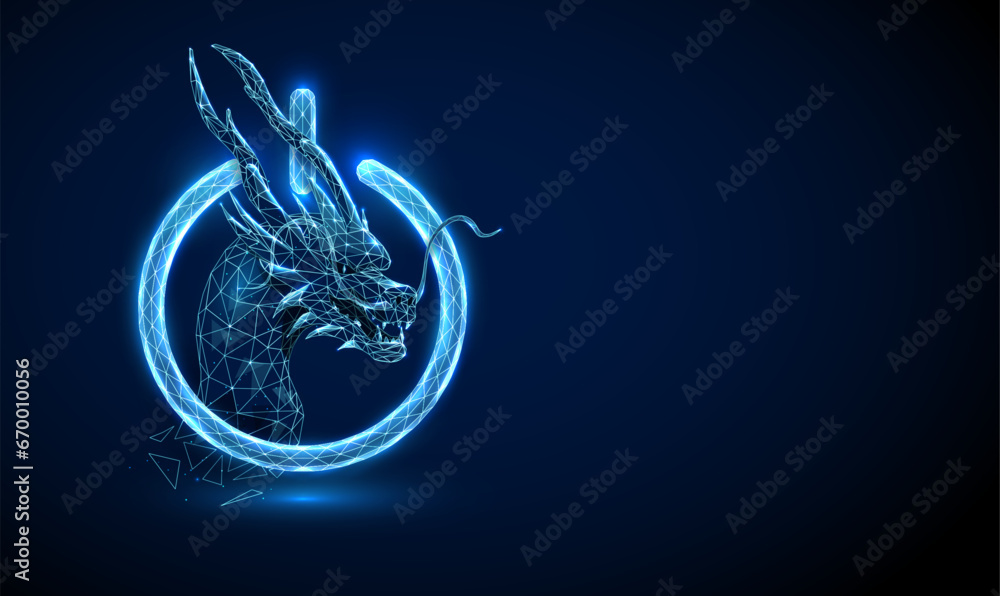 Abstract blue power button with Chinese dragon head inside. Happy New Year greeting card. Low poly style design - obrazy, fototapety, plakaty 