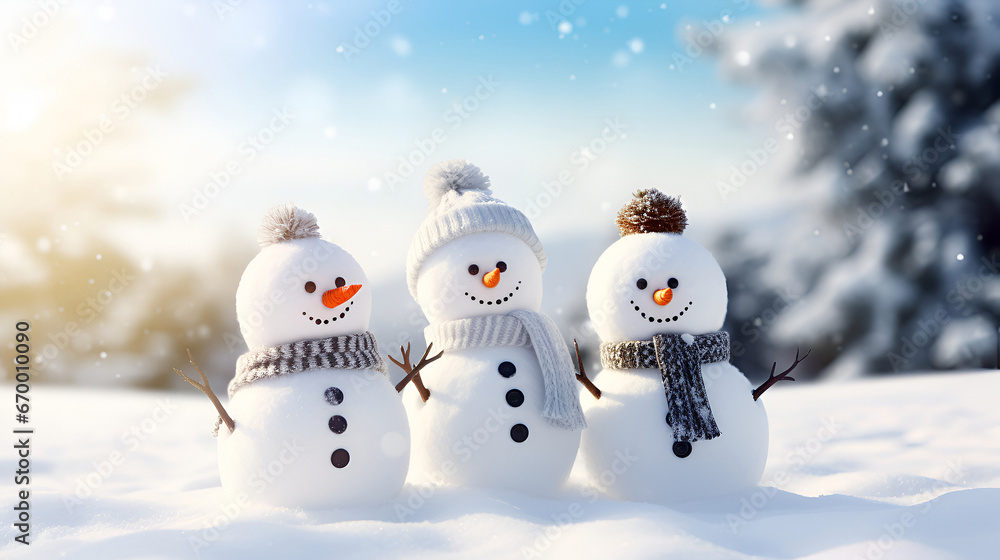 Generative AI. Three snowmen in warm hats and scarves on the street Generative AI. Three snowmen in warm hats and scarves on the street