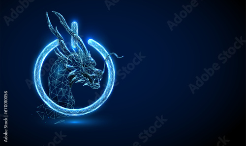 Abstract blue power button with Chinese dragon head inside. Happy New Year greeting card. Low poly style design