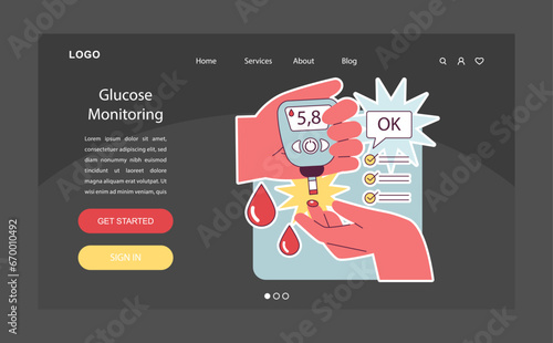 Diabetes web banner or landing page dark or night mode. Measuring sugar blood with glucometer. Glucose monitoring and managing glycemic index. Endocrine system disease. Vector illustration