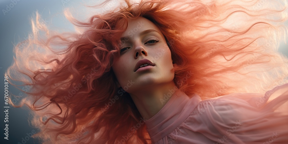 Beautiful modern girl with pink hair. Healthy hair advertising. Generative AI Beautiful modern girl with pink hair. Healthy hair advertising. Generative AI
