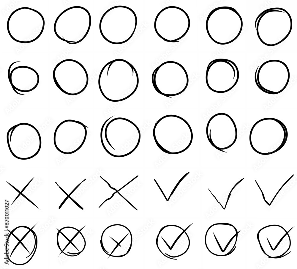 Highlight Check Hand drawn set highlight circles and check mark icons. Vector ...