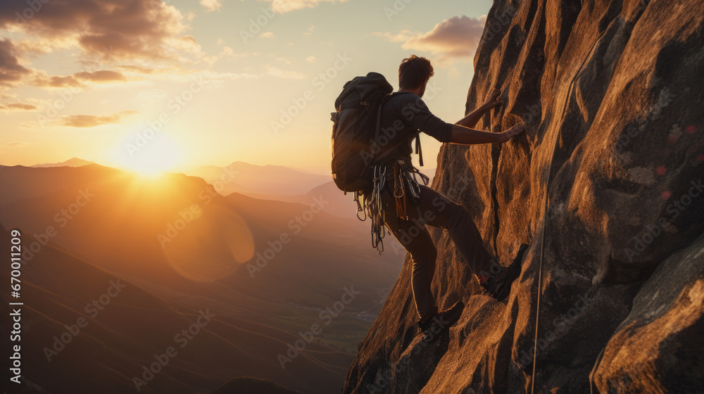 Adventurous hiker ascending a rocky mountain ridge at sunrise. Mountaineer on a cliff edge with a breathtaking mountain view. Trekking and wanderlust moment in mountain. Solo ascension, on a vertical Adventurous hiker ascending a rocky mountain ridge at sunrise. Mountaineer on a cliff edge with a breathtaking mountain view. Trekking and wanderlust moment in mountain. Solo ascension, on a vertical