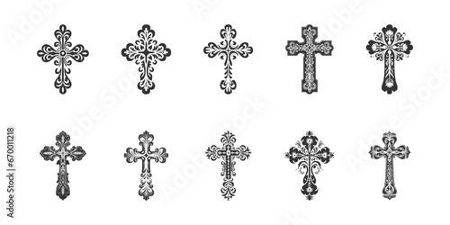 Cross tattoo silhouette set. Stencil art. Vector illustration