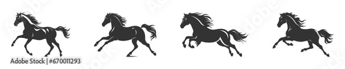 Running horse black silhouette set. Vector illustration