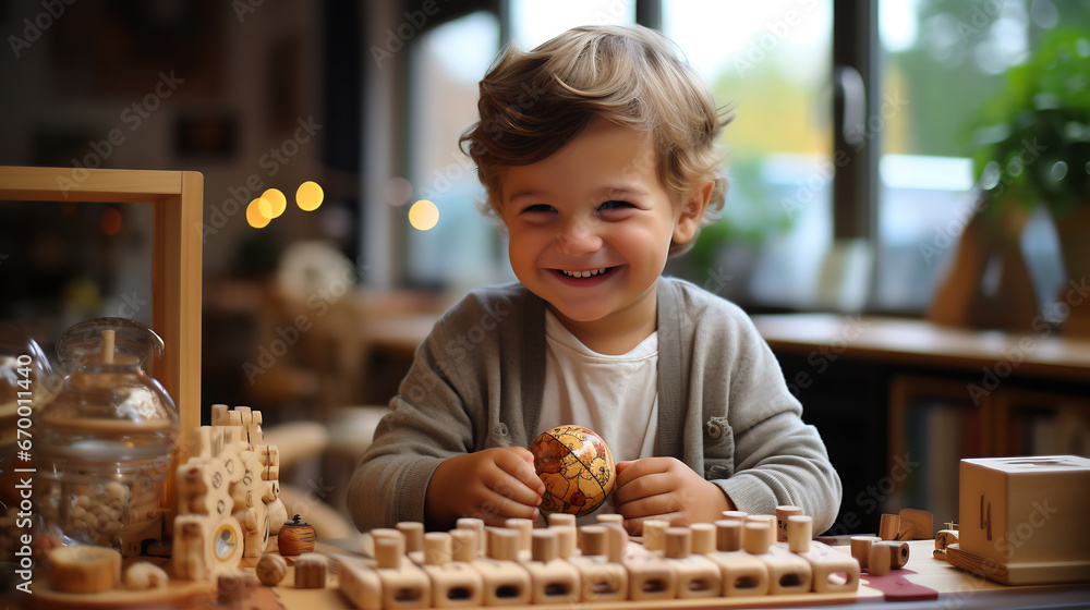 Portrait of happy cute boy playing with wooden toy on the table Portrait of happy cute boy playing with wooden toy on the table