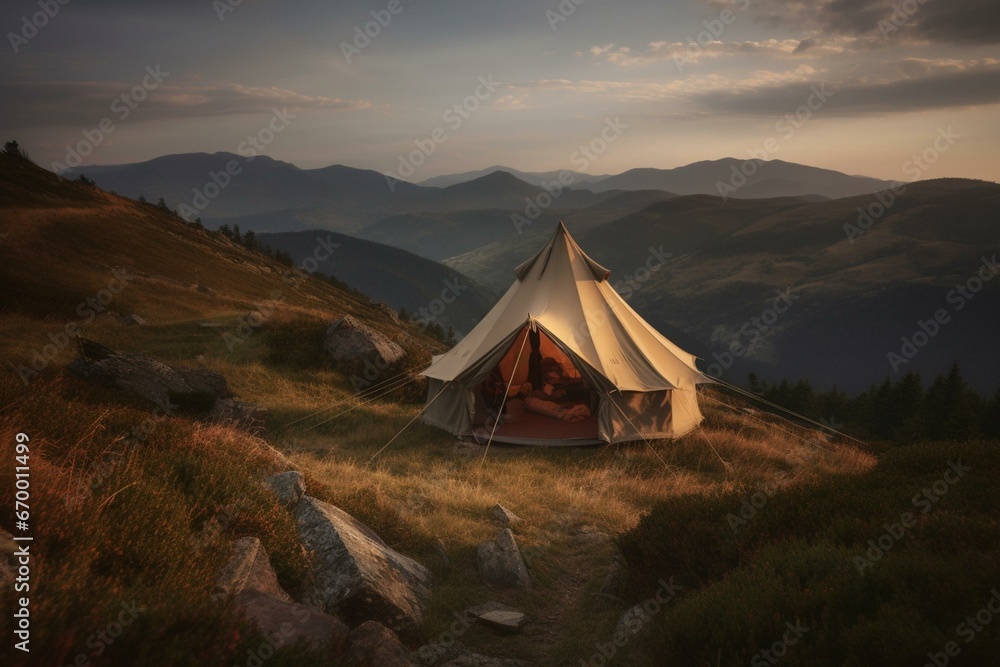 Trendy tent nestled in mountainous terrain at dusk. Generative AI