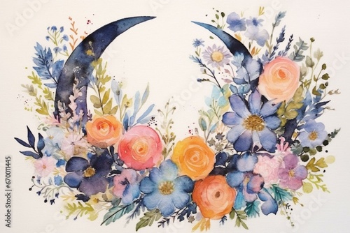 Moon-phase floral watercolor in bohemian style. Generative AI