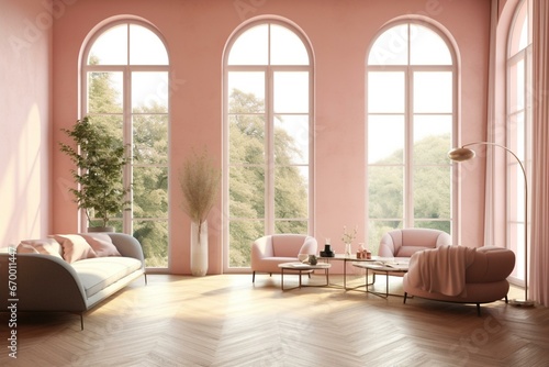 room with large windows and walls painted in soft pink. Generative AI