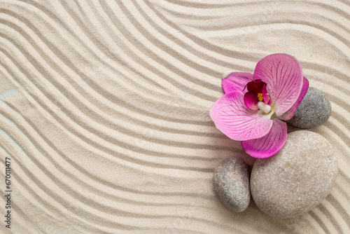 Zen garden meditation sandy background with stones for relaxation and hatmony