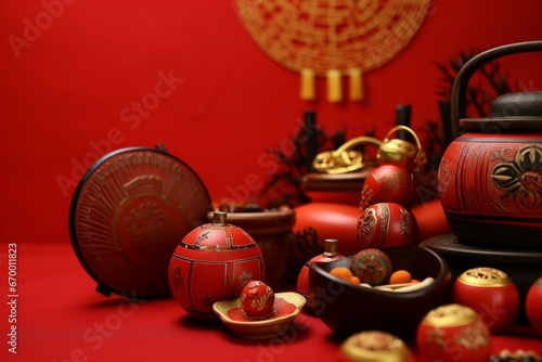 Close-up of decorative tet objects against a red backdrop. Generative AI
