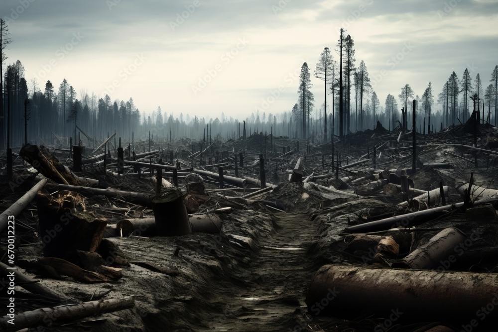Barren Landscape After Deforestation: Once-forested terrain transformed into desolation