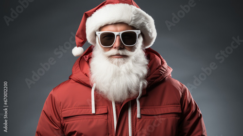 Cool Santa Claus in sunglasses and festive red winter coat. Modern Santa Claus for Christmas with fancy glasses and hipster technology beard