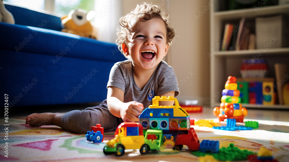 Cute little boy playing with colorful wooden block toys on floor at home