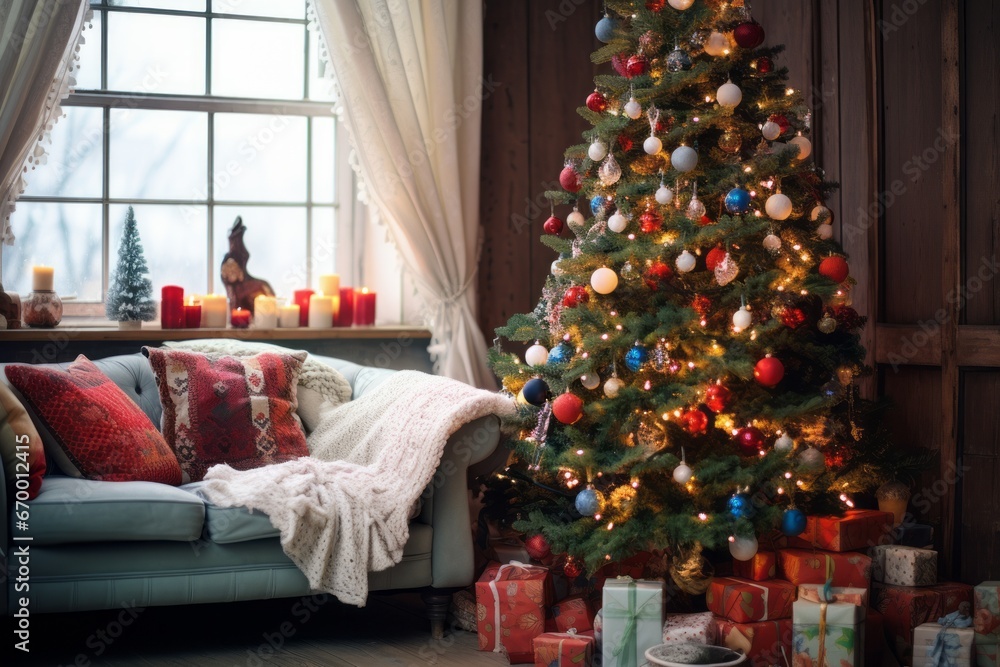 Christmas Tree in a Cozy Home. A splendid Christmas tree adorned with twinkling garlands and colourful baubles stands