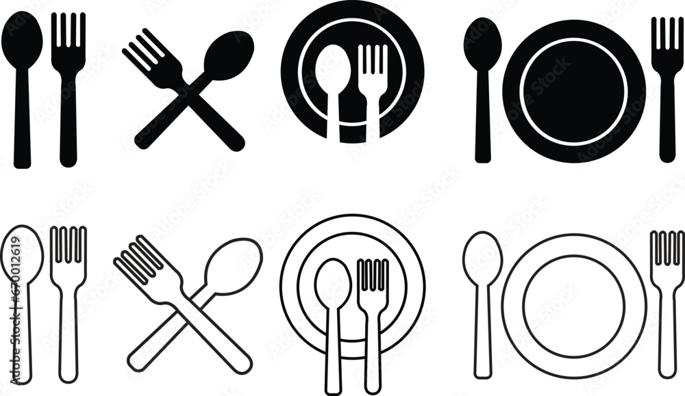 Set of Spoon, fork and plates restaurant icons Flat vector illustration. Lunch dinner symbols editable stock. Spoon and fork for eating icons for apps and websites isolated on transparent background. - obrazy, fototapety, plakaty 