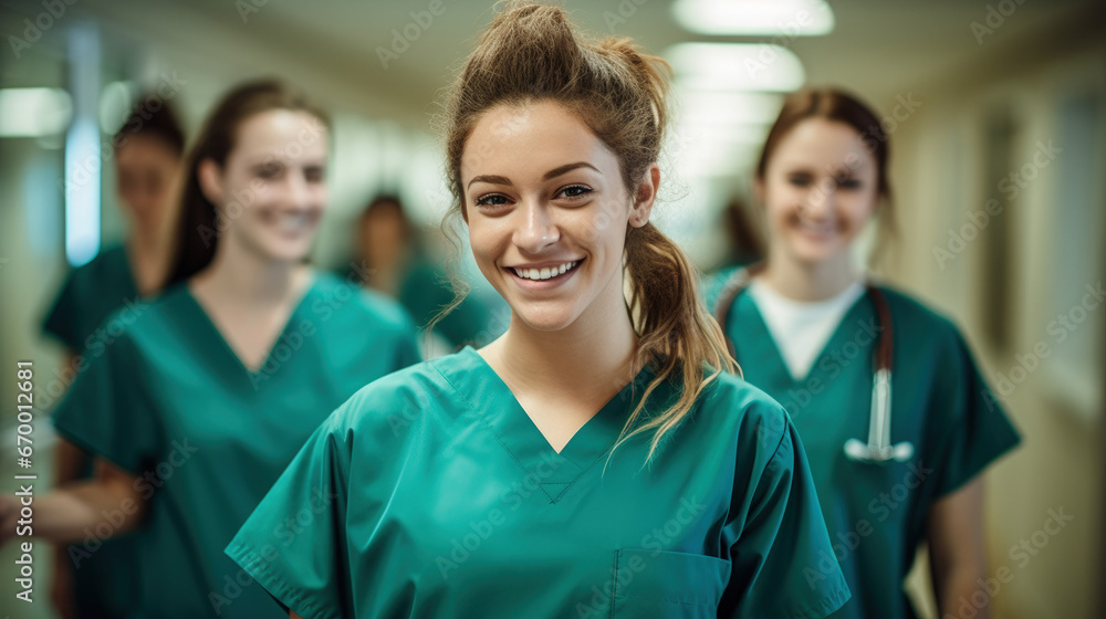 Nursing team in hospital, portrait of a group of nurses looking and smiling in camera. Health and wellness doctors. Confident nursing student with her team in the background, Portrait of women doctors Nursing team in hospital, portrait of a group of nurses looking and smiling in camera. Health and wellness doctors. Confident nursing student with her team in the background, Portrait of women doctors