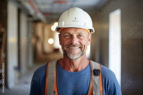 Portrait of mature Caucasian male construction worker is standing in a room under renovation and looking at the camera with a warm smile on his fac