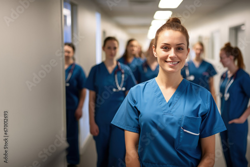 Nursing team in hospital, portrait of a group of nurses looking and smiling in camera. Health and wellness doctors. Confident nursing student with her team in the background, Portrait of women doctors