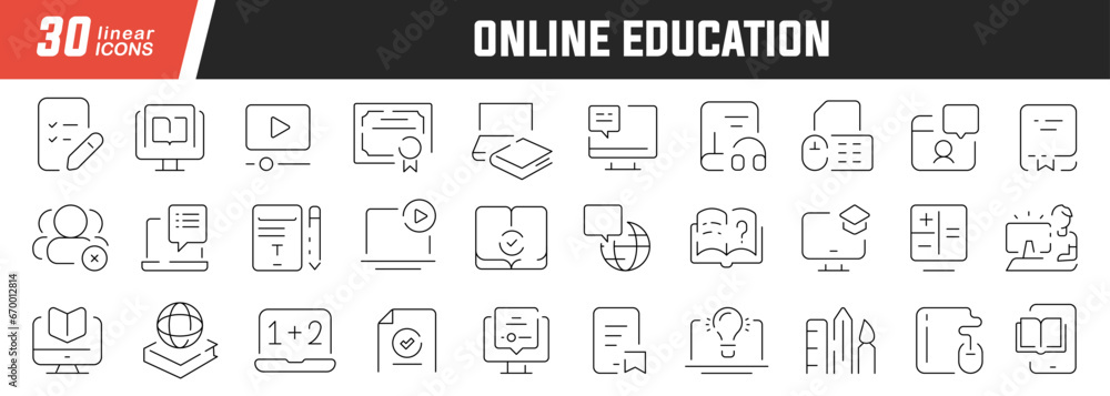 Online education linear icons set. Collection of 30 icons in black Online education linear icons set. Collection of 30 icons in black