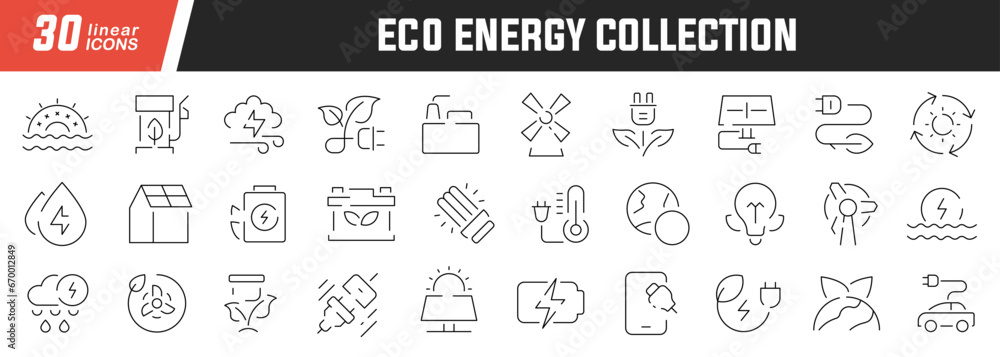Eco energy linear icons set. Collection of 30 icons in black