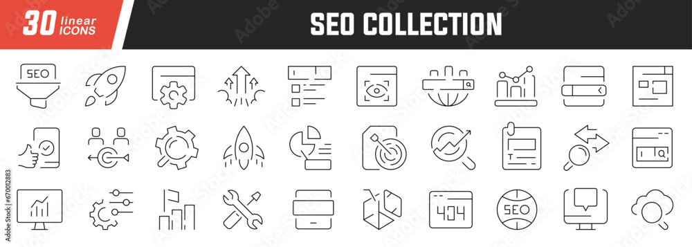 Seo linear icons set. Collection of 30 icons in black