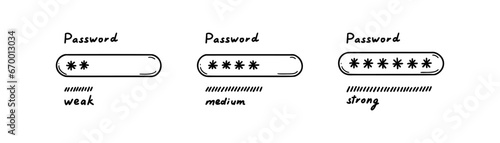 Doodle strong, weak, medium password concept. Hand drawn sketch login, logout, verification, sign up, authorisation illustration. Mobile app and pc user interface