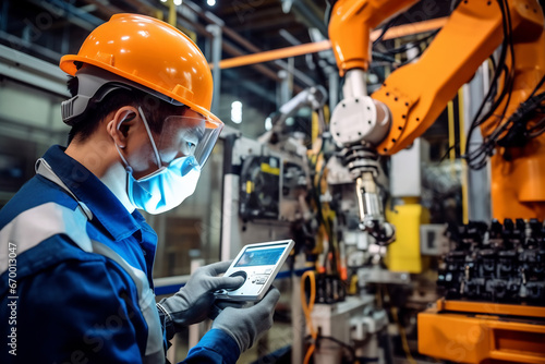 Manager robotics engineer used the digital tablet to check the function and movement direction of of the picking robot in the manufacturing process line © AspctStyle