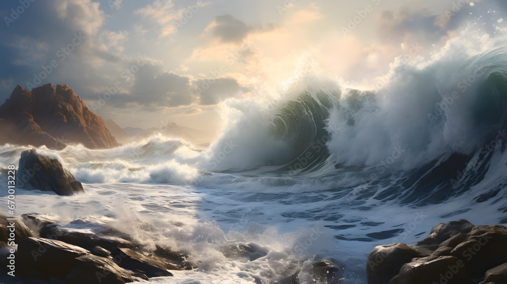 Explore the infinite beauty of coastal seascapes with crashing waves, jagged cliffs, and serene beaches in a highly detailed photograph that epitomizes the epic nature of the ocean meeting the land.