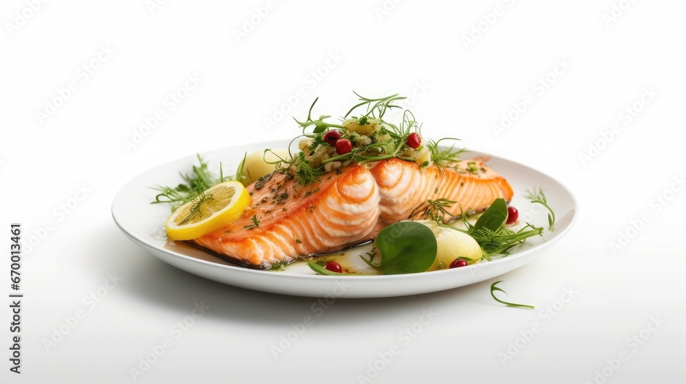 Generate a photography of grilled salmon with lemon and dill